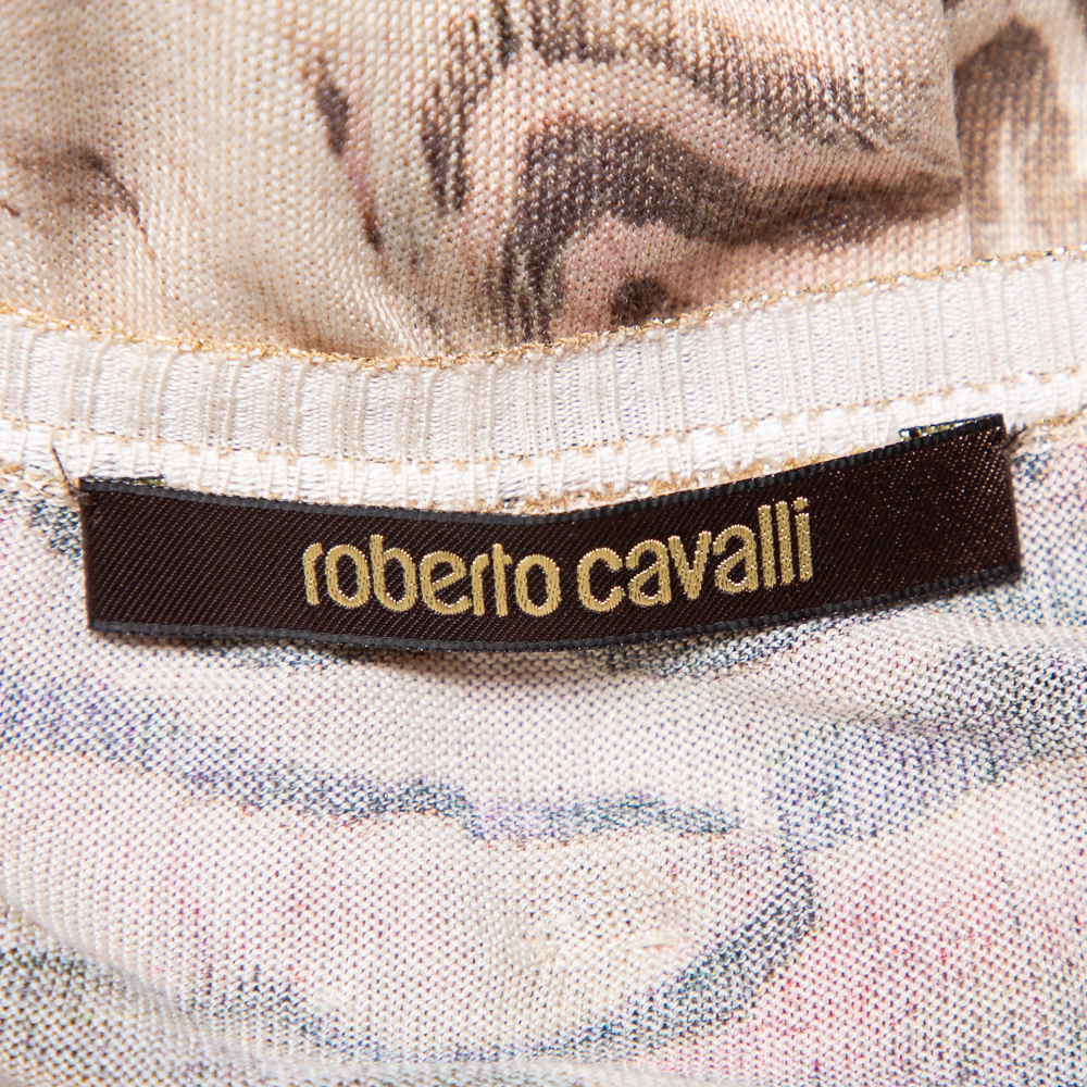Roberto Cavalli Beige Printed Silk Knit Oversized Sweatshirt M