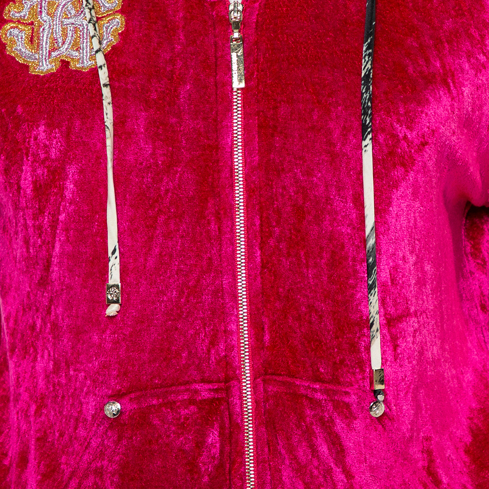 Roberto Cavalli Pink Velour Hooded Zip Front Jacket L