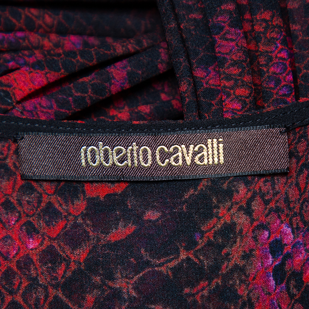 Roberto Cavalli Multicolor Snakeskin Printed Silk Pleated Detail Sleeveless Top S