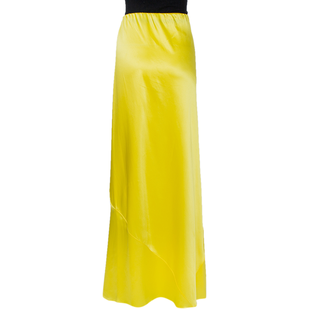 Roberto Cavalli Yellow Silk Satin Flared Maxi Skirt L
