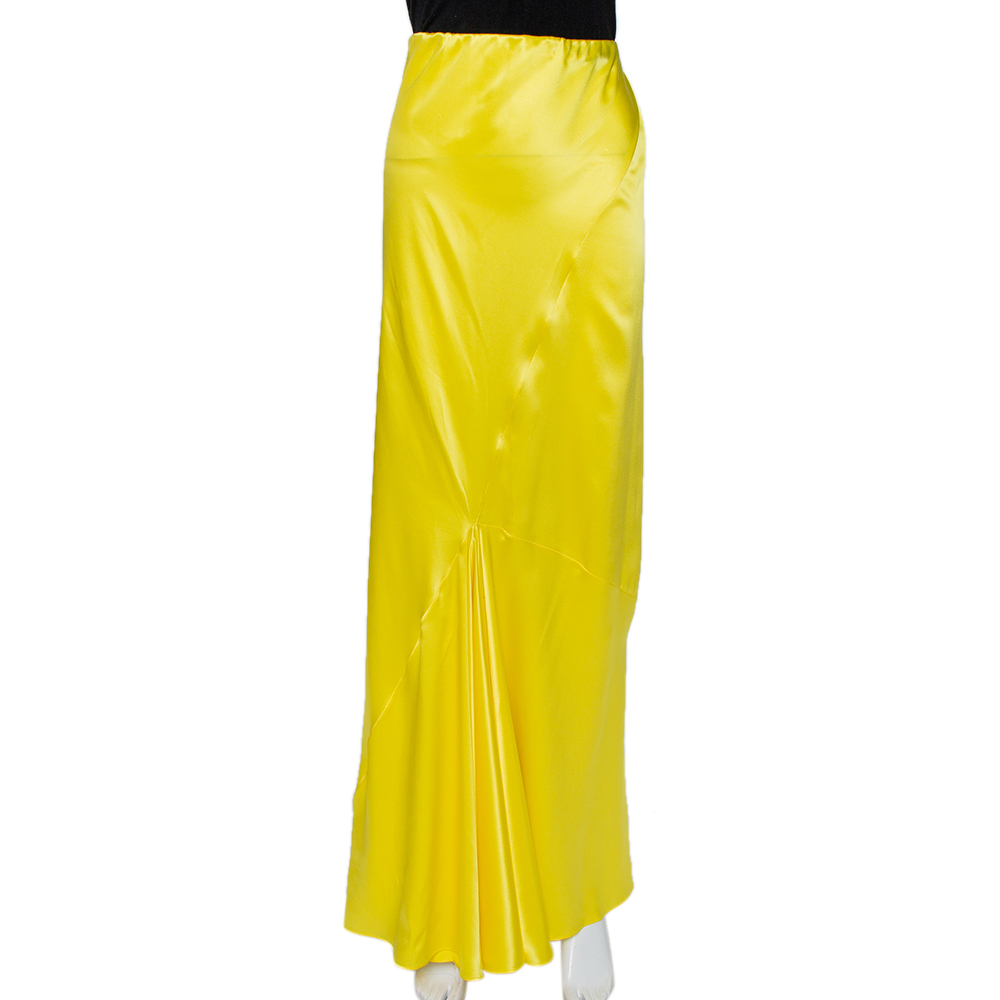 Roberto Cavalli Yellow Silk Satin Flared Maxi Skirt L