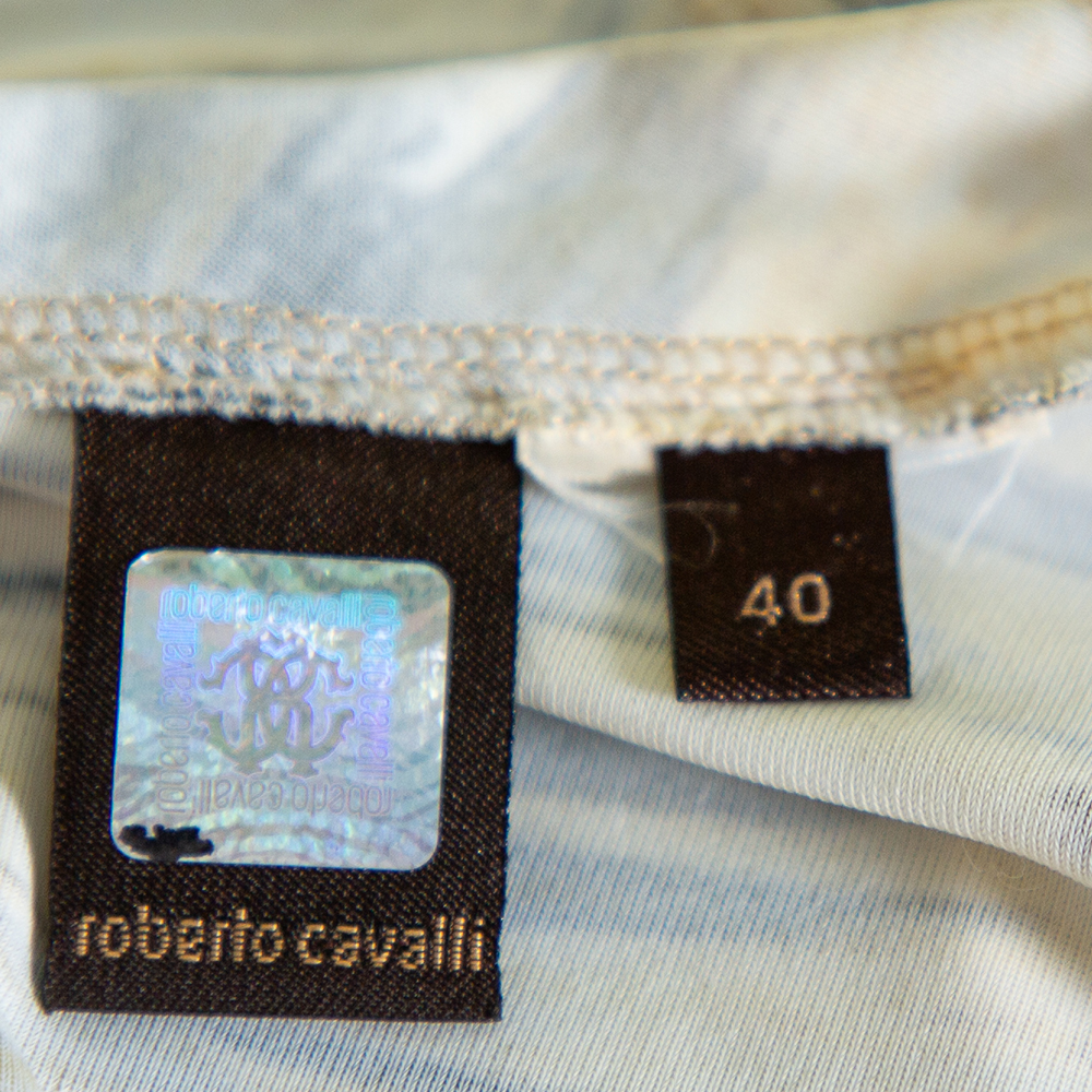 Roberto Cavalli Yellow Printed Knit Draped Plunge Neck Top S