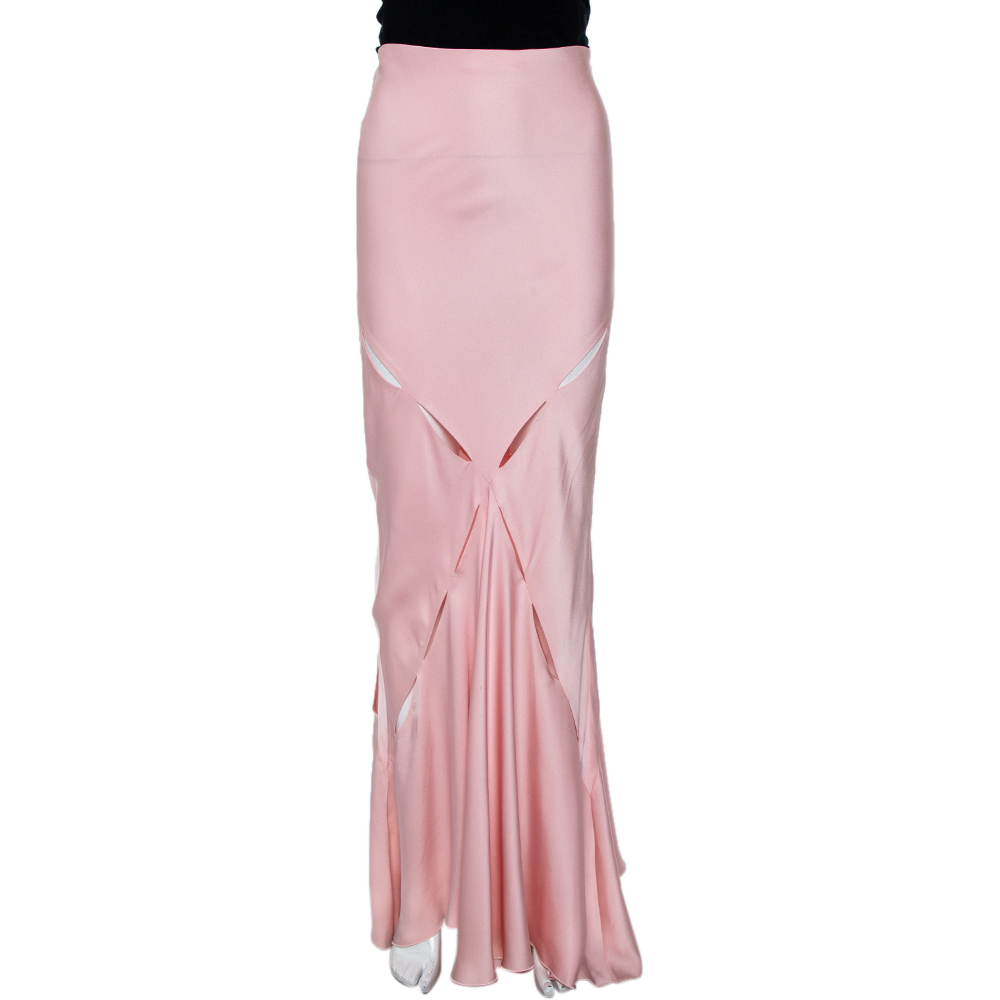 Roberto Cavalli Pink Silk Cutout Detail Maxi Skirt M