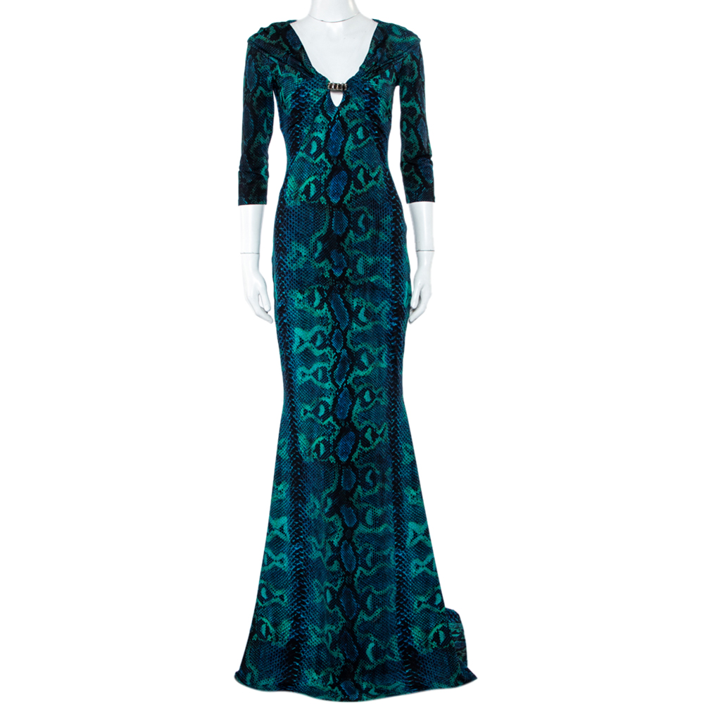 Roberto Cavalli Blue Snakeskin Printed Jersey Maxi Dress M