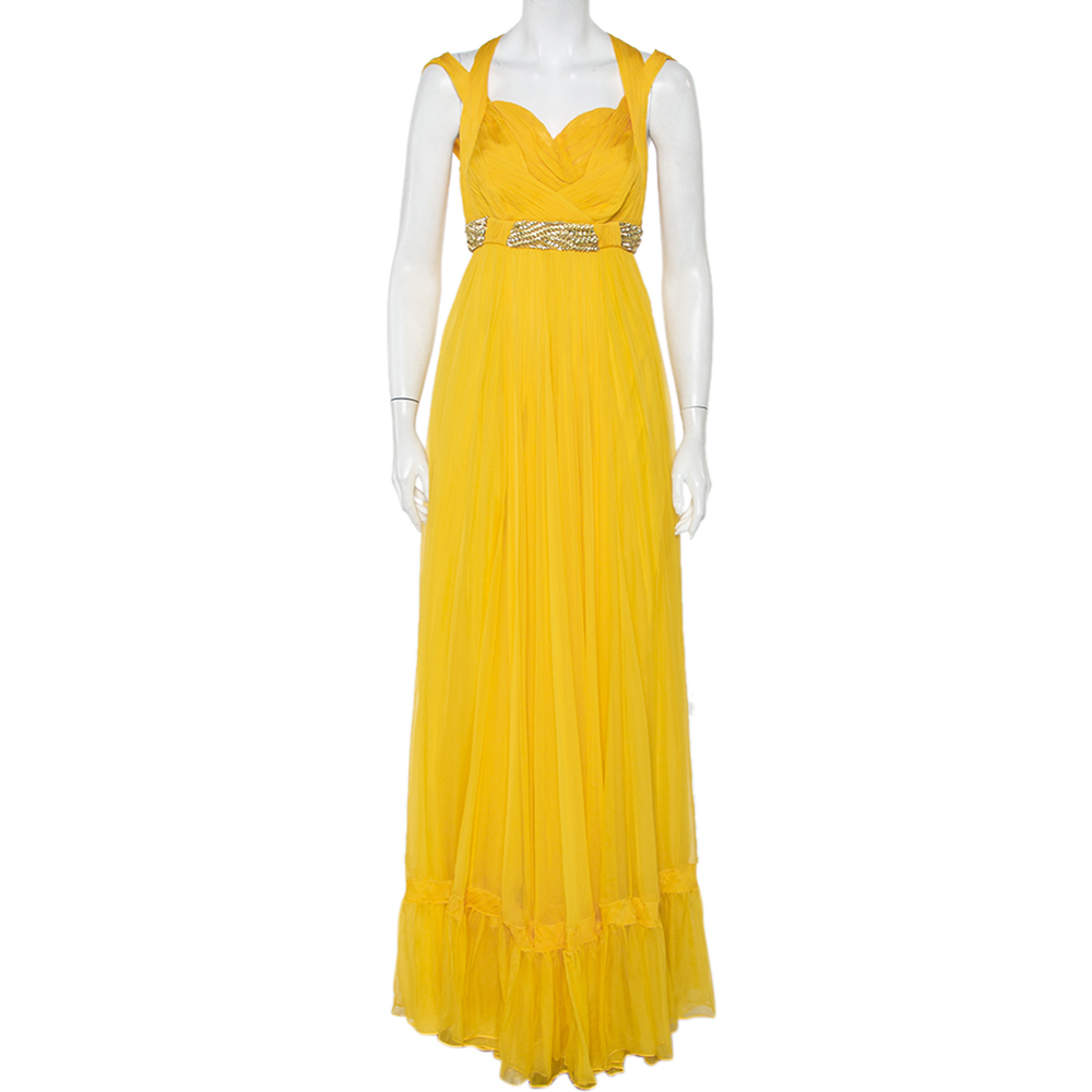 Roberto Cavalli Yellow Pleated Silk Embellished Waist Detail Gown M
