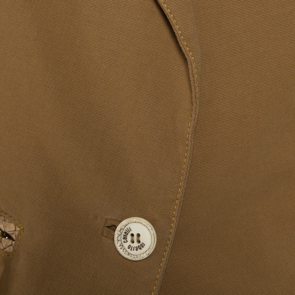 Roberto Cavalli Brown Denim Leather Trim Button Front Blazer L