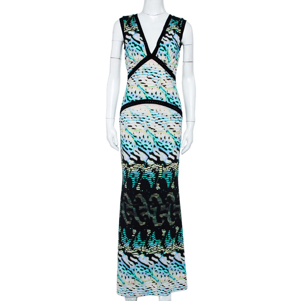 Roberto cavalli multicolor printed knit paneled sleeveless maxi dress m