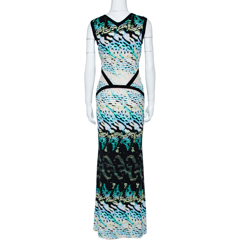 Roberto Cavalli Multicolor Printed Knit Paneled Sleeveless Maxi Dress M