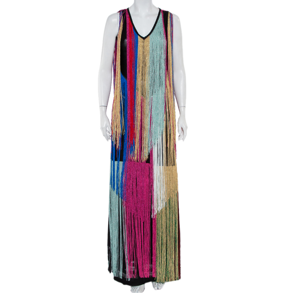 Roberto cavalli multicolor knit fringed maxi dress m