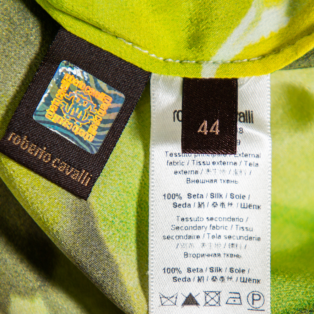 Roberto Cavalli Green Printed Silk Ruffled Detail Button Front Shirt M