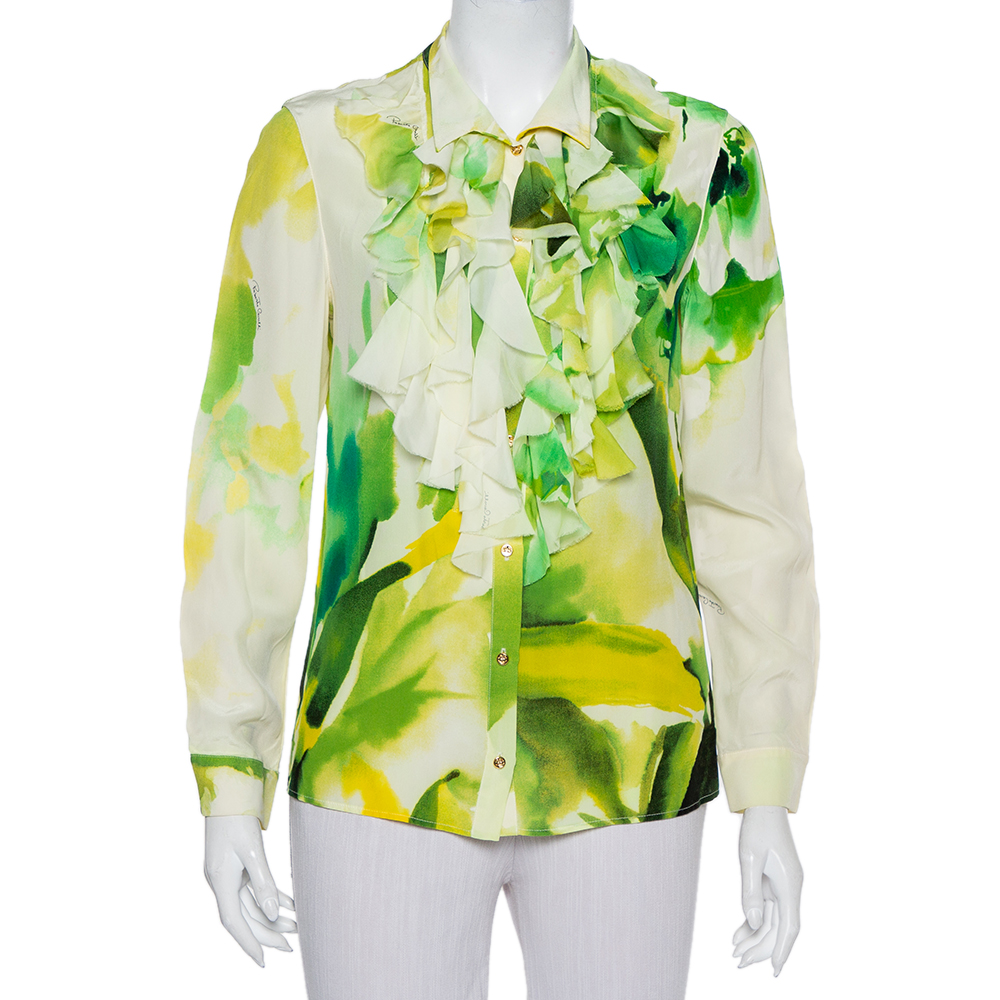 Roberto Cavalli Green Printed Silk Ruffled Detail Button Front Shirt M