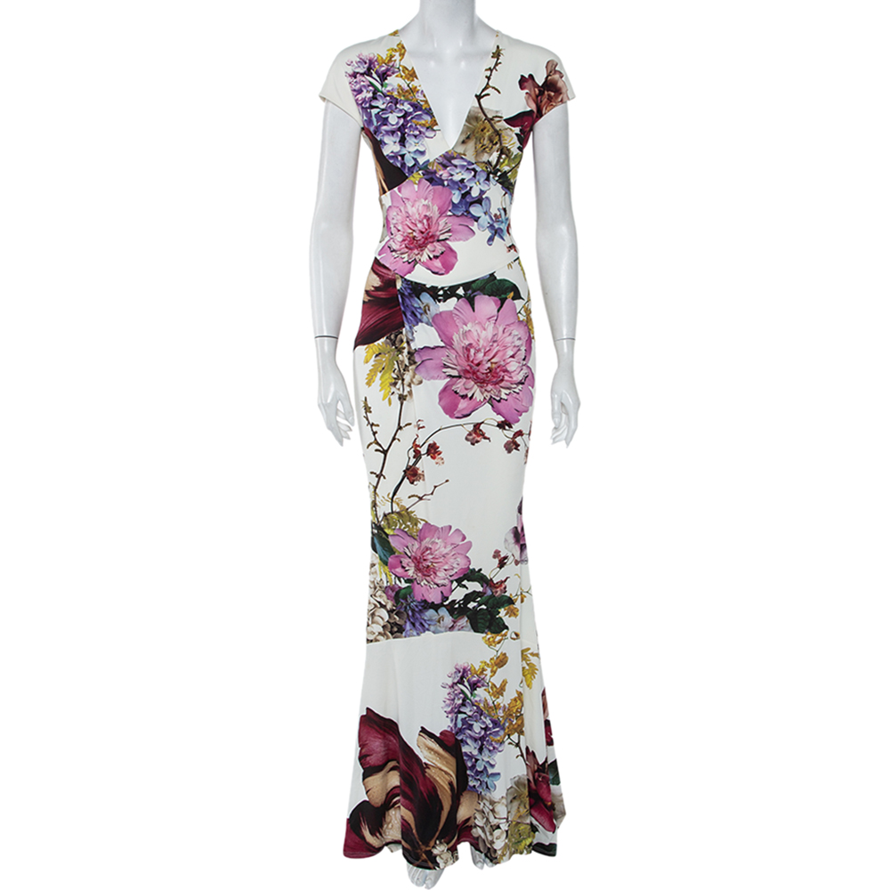 Roberto Cavalli Cream Floral Printed Jersey Fitted Maxi Dress S