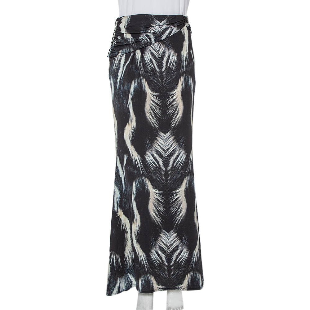Roberto Cavalli Monochrome Printed Jersey Draped Waist Detail Maxi Skirt L