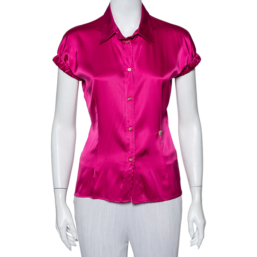 Roberto Cavalli Pink Silk Satin Button Front Short Sleeve Shirt M