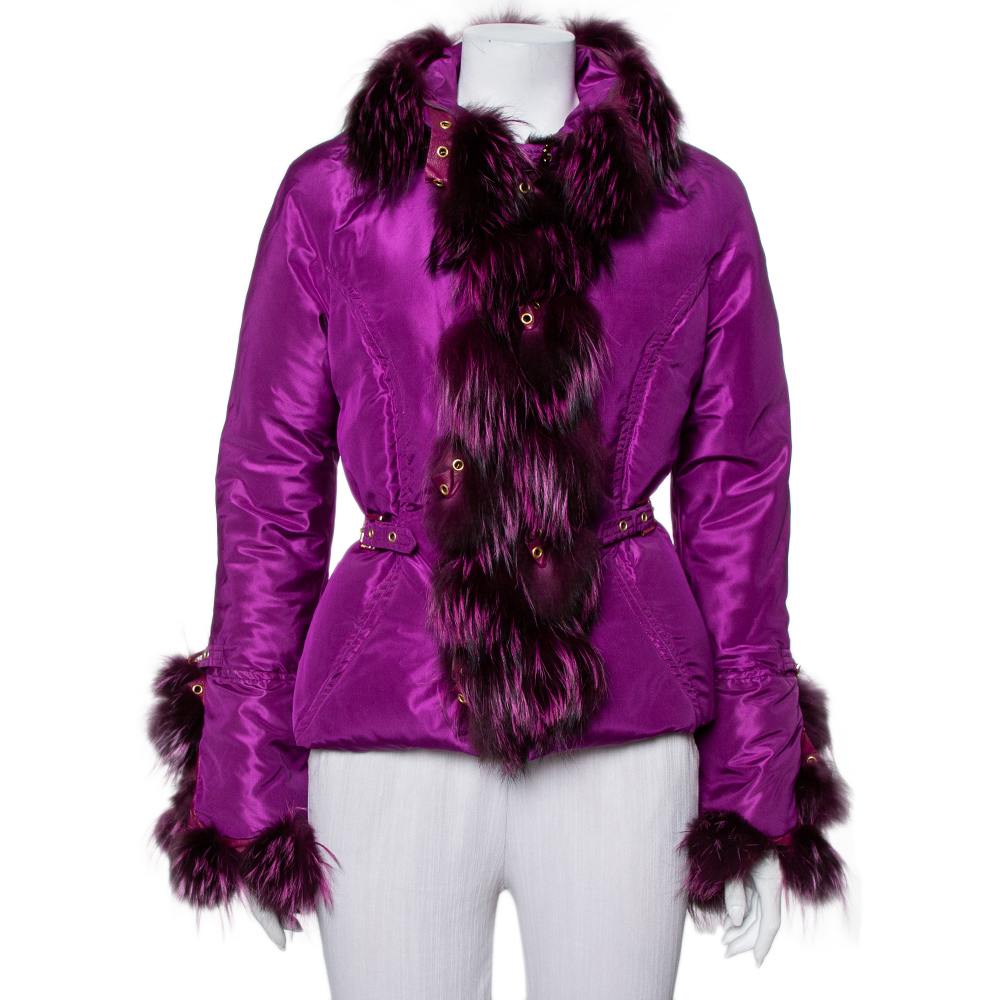 Roberto Cavalli Purple Silk Fur Collar Detail Puffer Jacket S