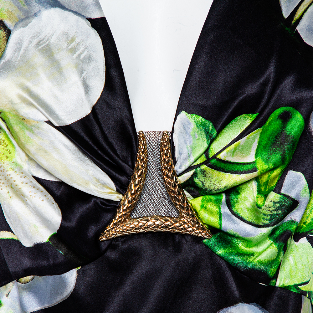 Roberto Cavalli Black Floral Printed Silk Satin Plunging Neck Dress M