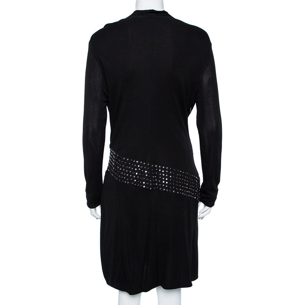 Roberto Cavalli Black Knit Metal Embellished Detail Faux Wrap Dress L