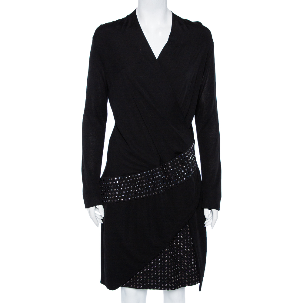 

Roberto Cavalli Black Knit Metal Embellished Detail Faux Wrap Dress