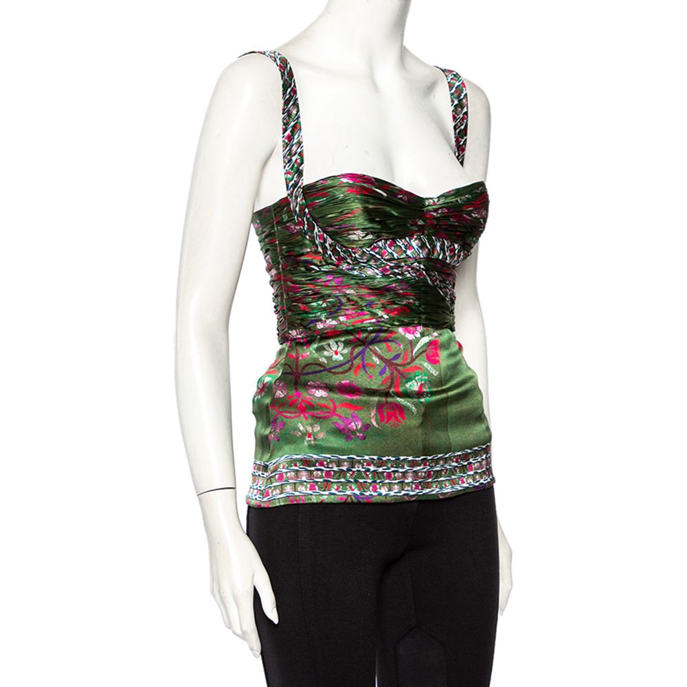

Roberto Cavalli Green Floral Printed Silk Ruched Detail Camisole
