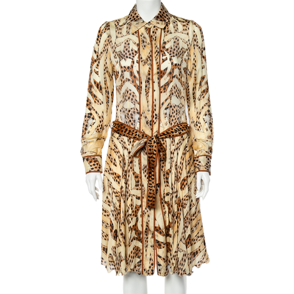 Roberto Cavalli Beige Leopard Print Silk Belted Dress S