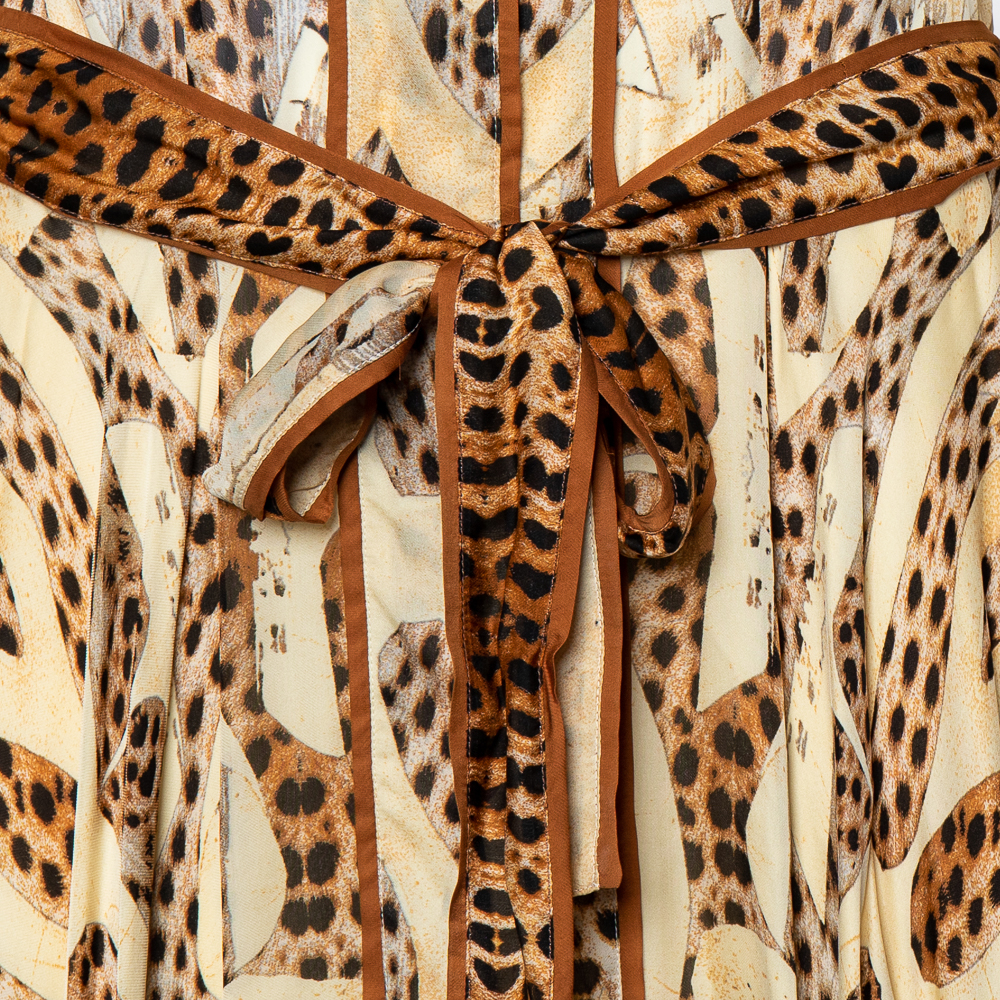 Roberto Cavalli Beige Leopard Print Silk Belted Dress S