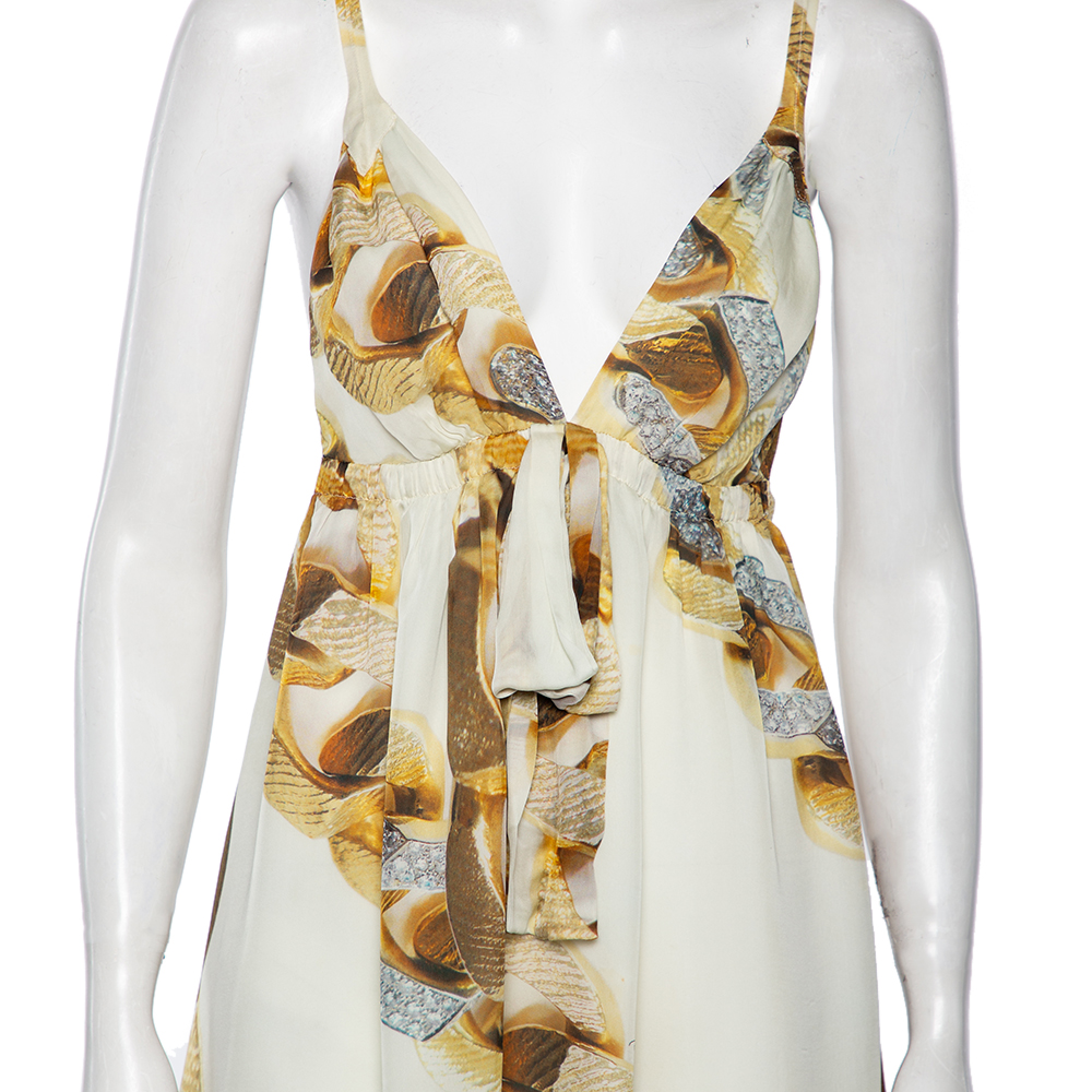 Roberto Cavalli Off White Chain Printed Silk Sleeveless Mini Dress M