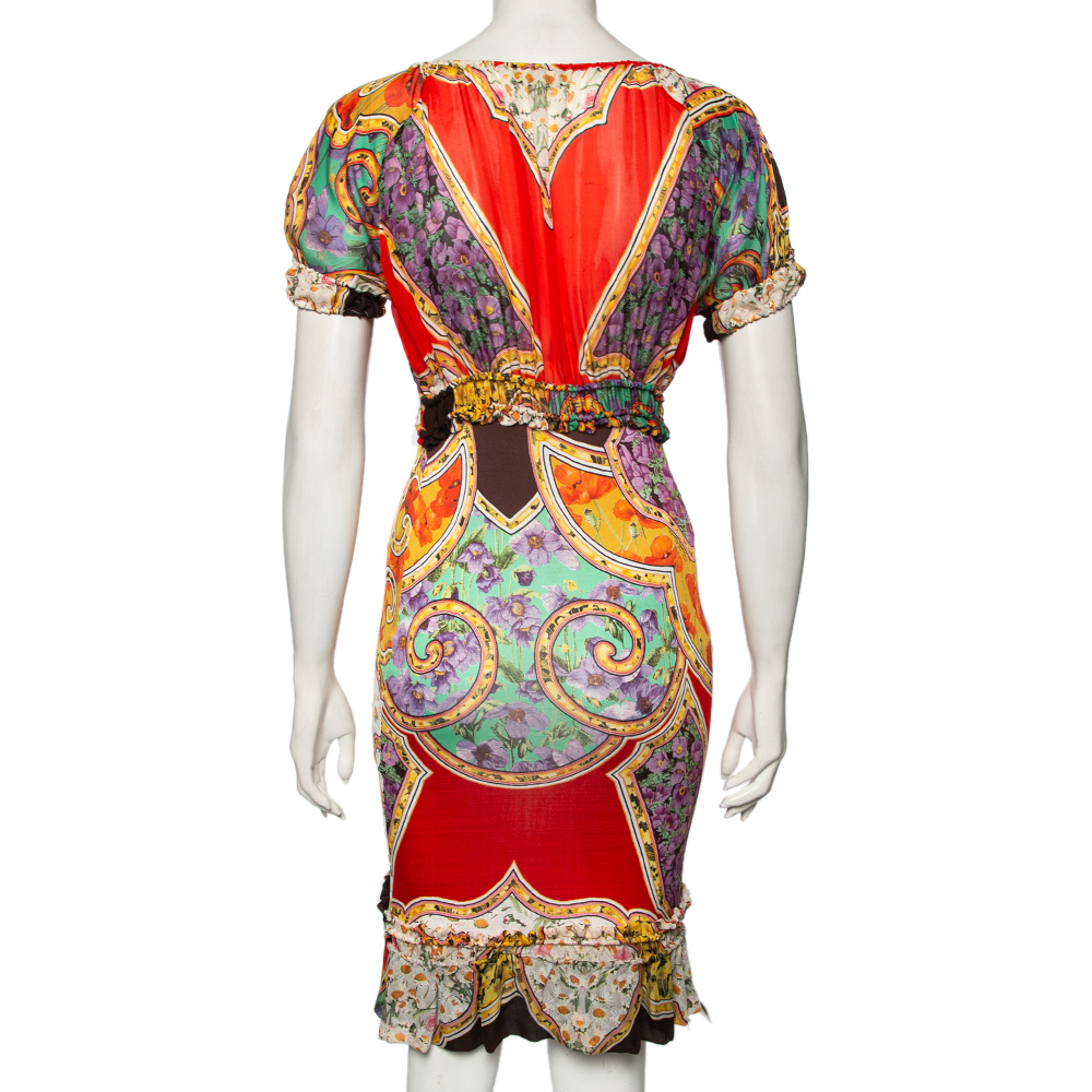 Roberto Cavalli Multicolor Printed Silk & Jersey Dress S