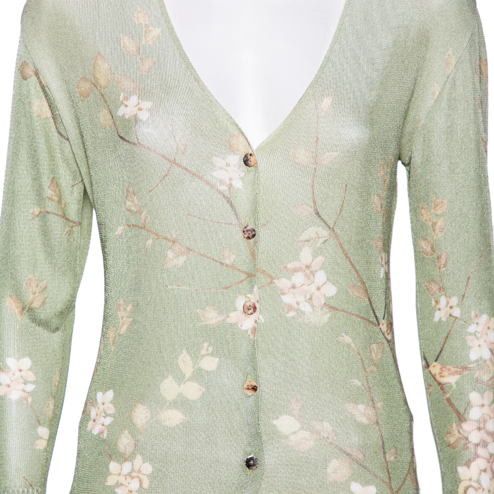 Roberto Cavalli Green Floral Printed Knit Button Front Cardigan L