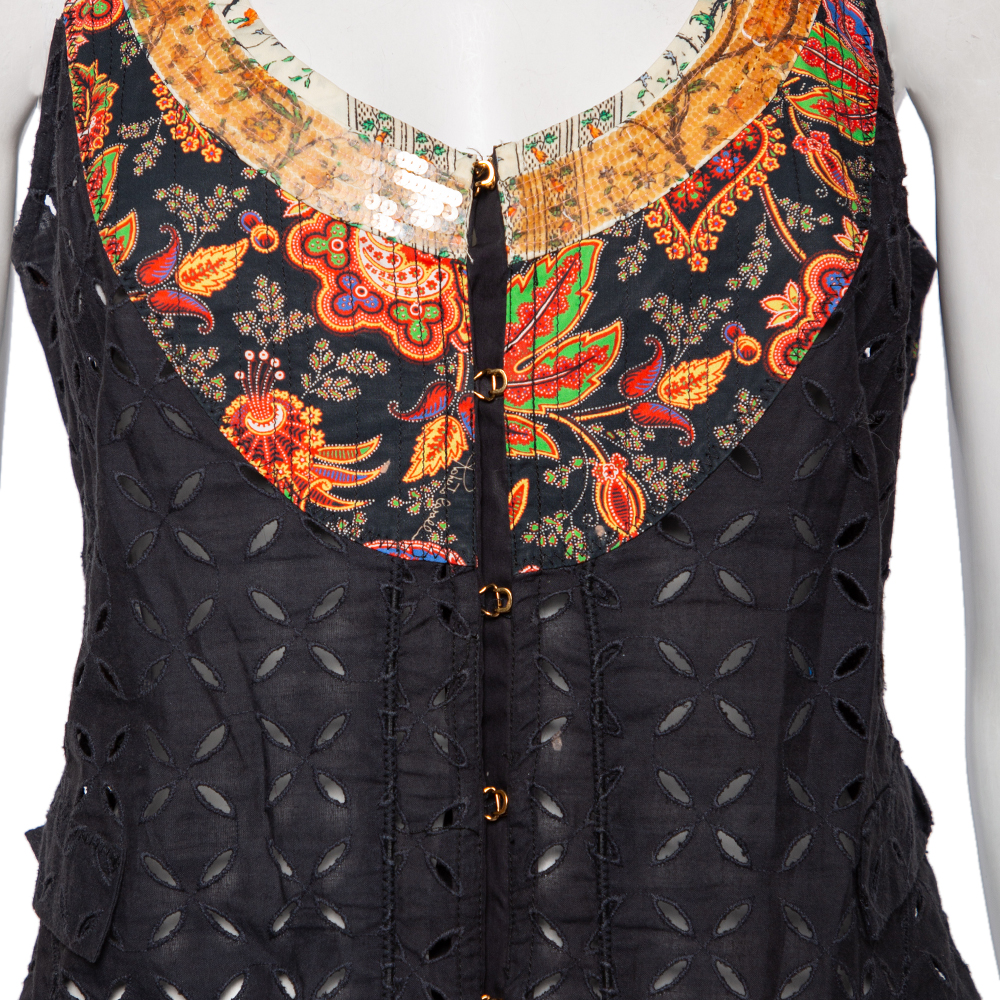 Roberto Cavalli Black Eyelet Cotton & Sequin Embellished Detailed Vest M