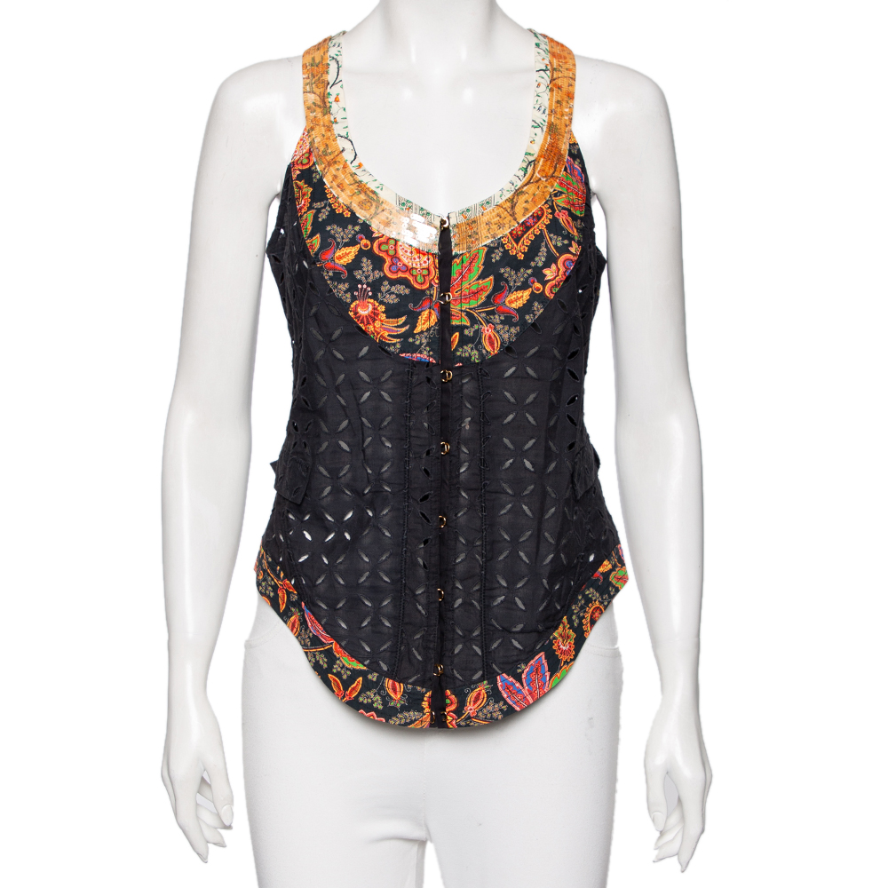 

Roberto Cavalli Black Eyelet Cotton & Sequin Embellished Detailed Vest