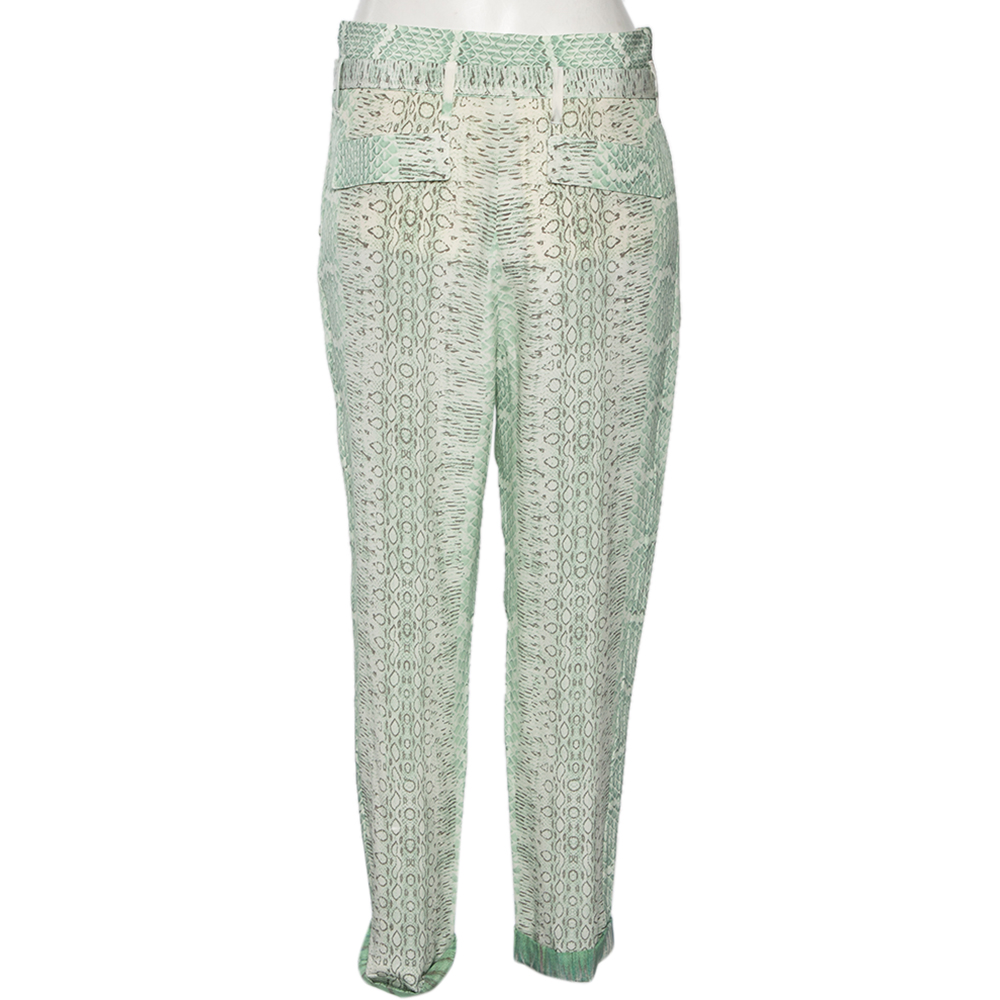 Roberto Cavalli Light Green Printed Silk Belted Trousers S
