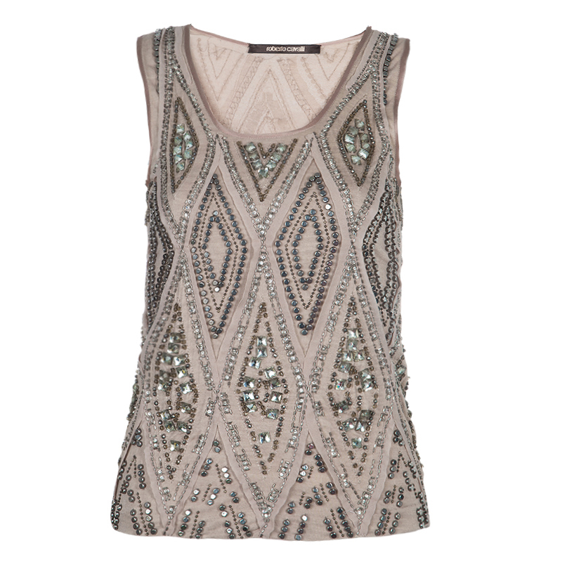 Image of Roberto Cavalli Beige Embellished Sleeveless Top S