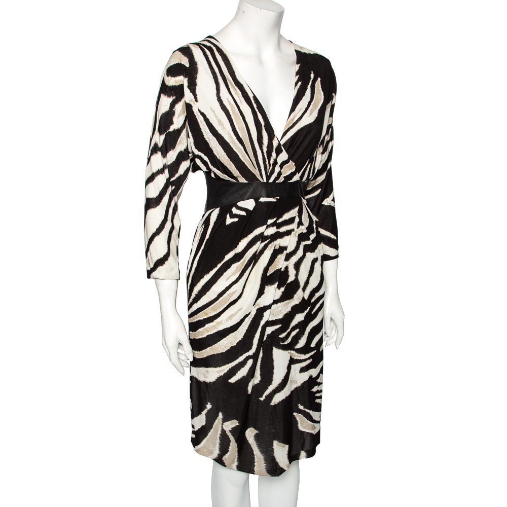 Roberto Cavalli Monochrome Printed Jersey & Leather Detailed Draped Dress S