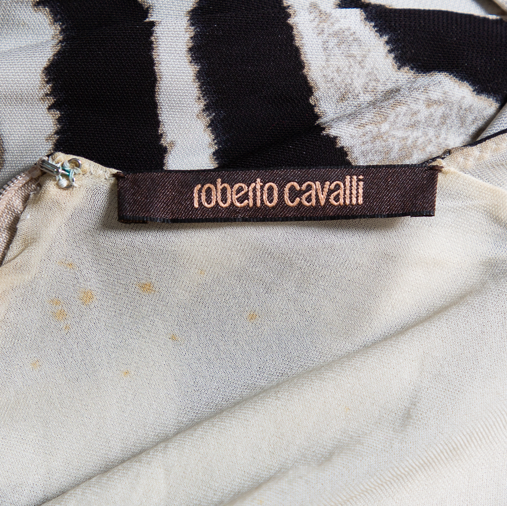 Roberto Cavalli Monochrome Printed Jersey & Leather Detailed Draped Dress S
