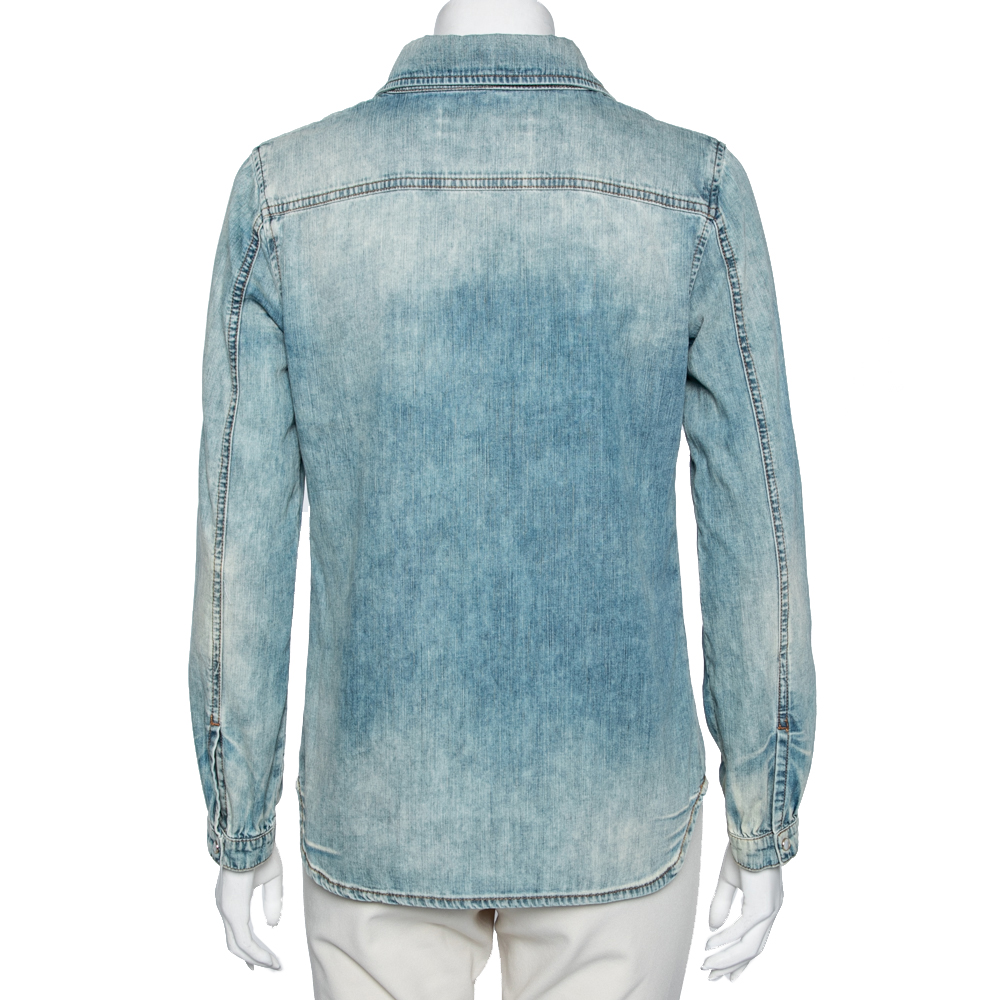 Roberto Cavalli Blue Denim Lace-Up Detail Long Sleeve Shirt S
