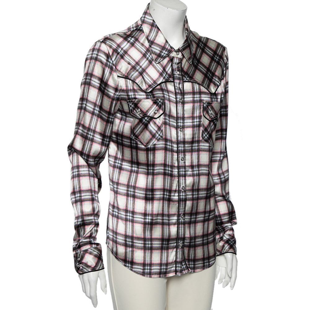 Roberto Cavalli Multicolored Checkered Silk Button Front Shirt L