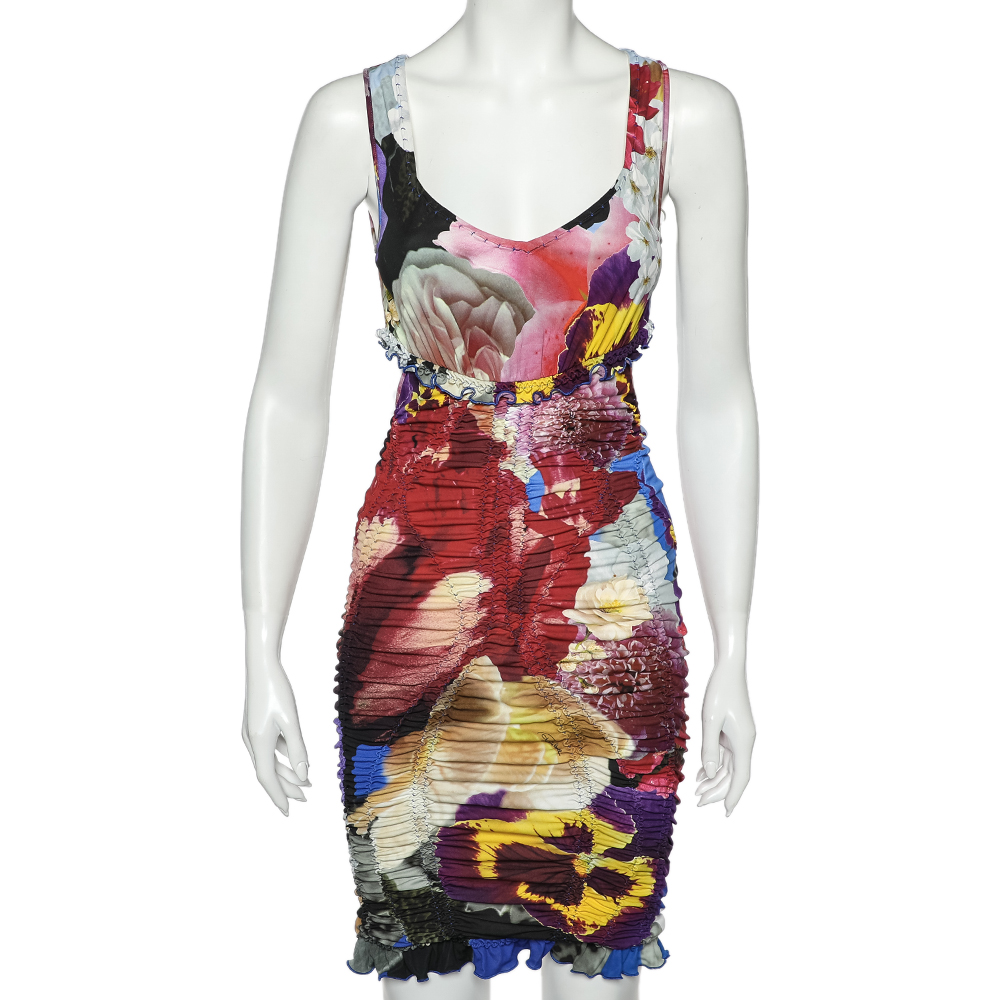 Roberto cavalli multicolor printed jersey ruched cut out detail mini dress s