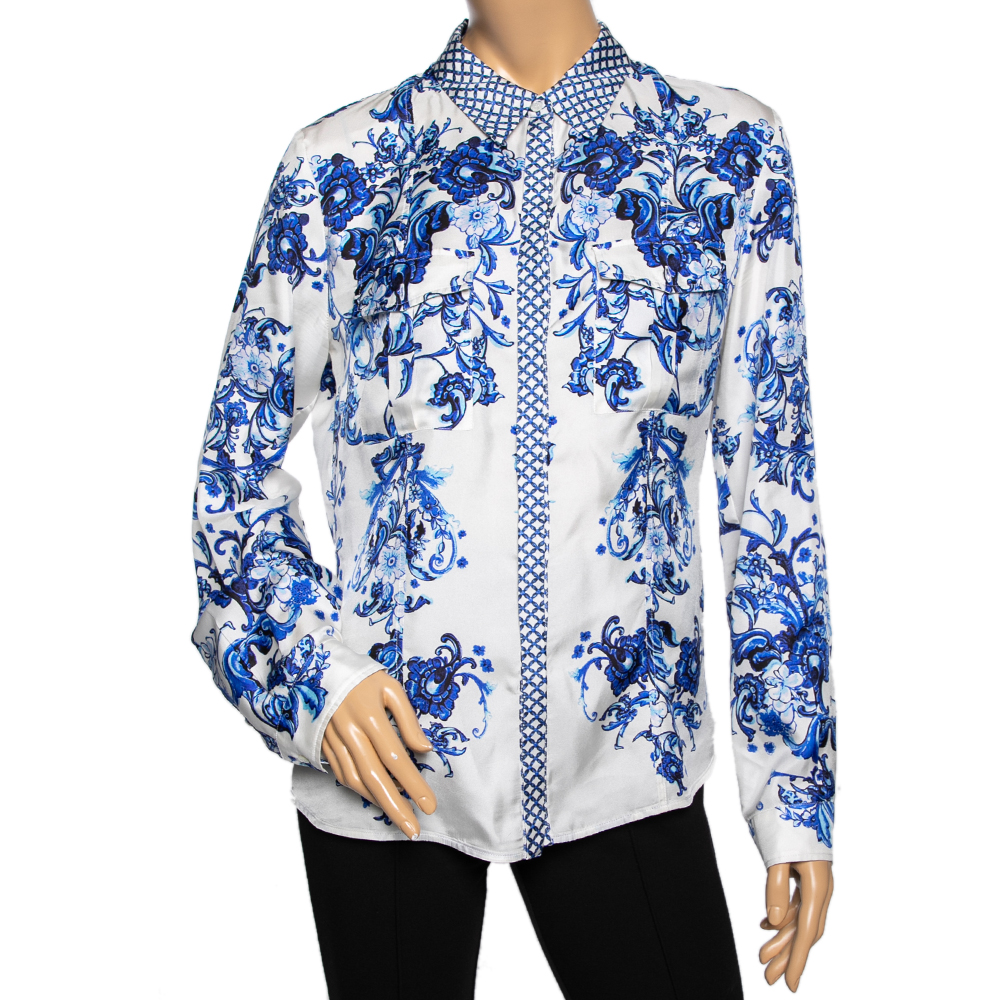 Roberto Cavalli White & Blue Floral Print Long Sleeve Shirt L