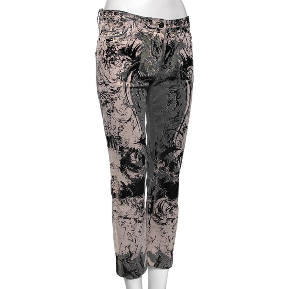 Roberto Cavalli Grey Printed Cotton Straight Pants M