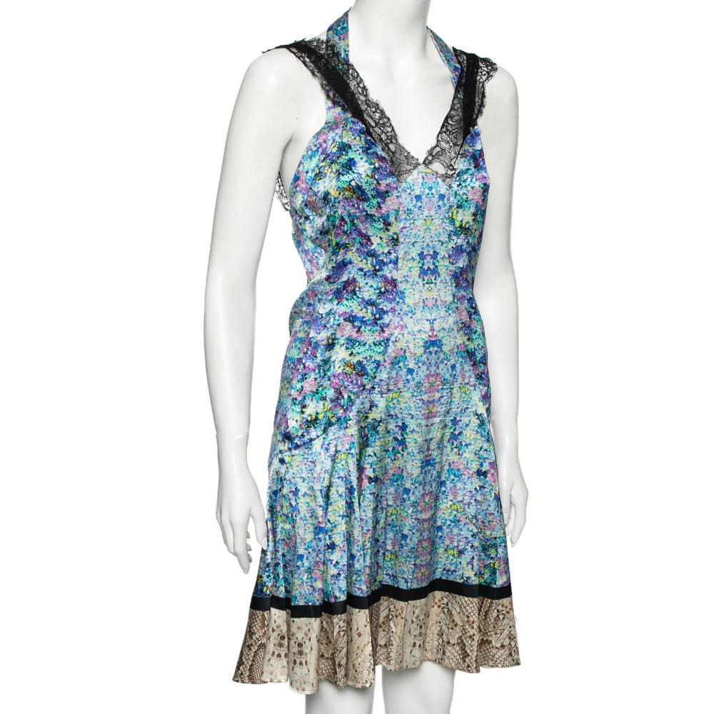 Roberto Cavalli Multicolored Printed Silk Lace Trimmed Dress M