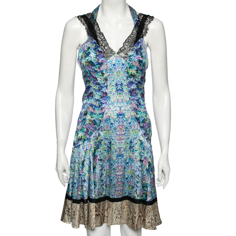 Roberto cavalli multicolored printed silk lace trimmed dress m