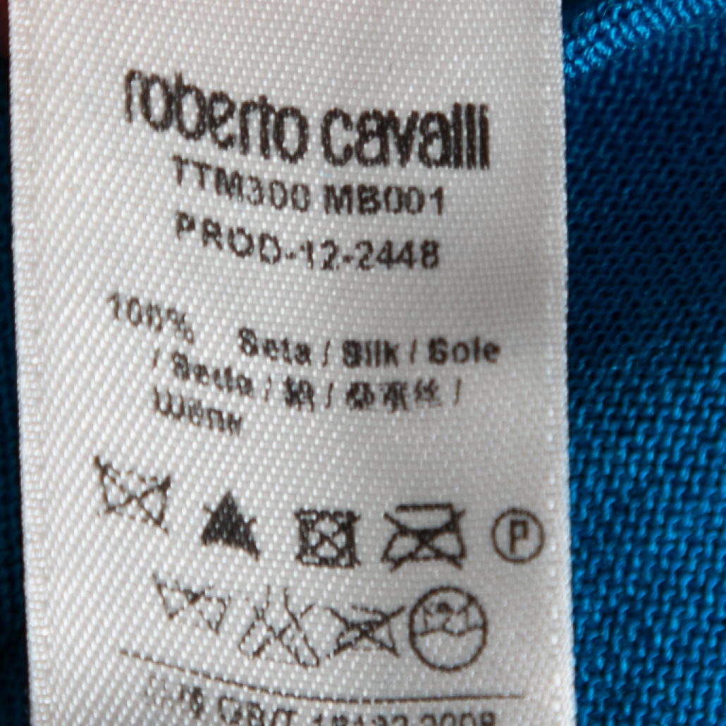 Roberto Cavalli Blue Silk Knit Cut-Out Pattern Detailed Top M