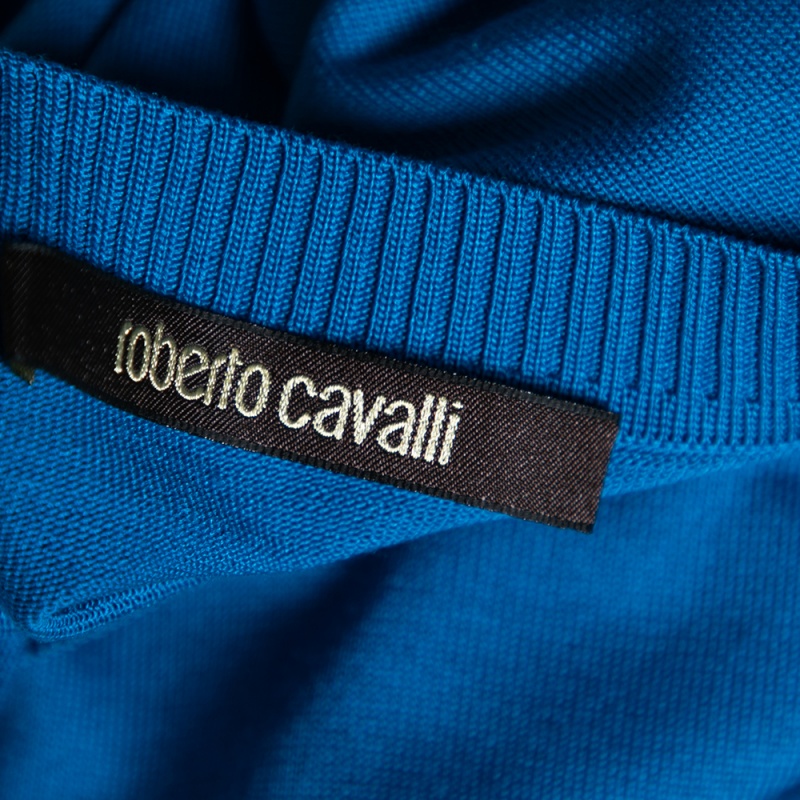 Roberto Cavalli Blue Silk Knit Cut-Out Pattern Detailed Top M