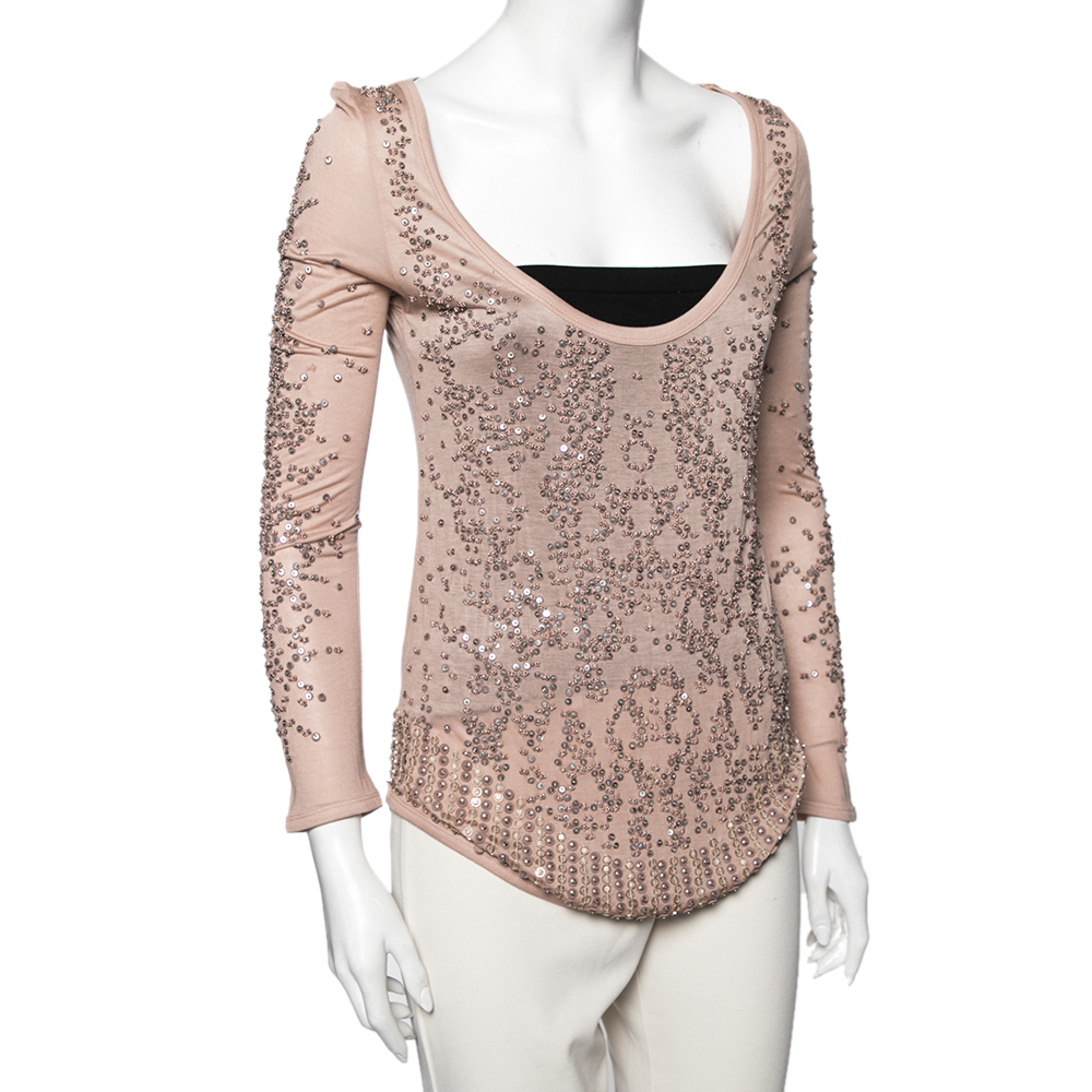 Roberto Cavalli Pink Sequin Embellished Modal Knit Scoop Neck T-Shirt S