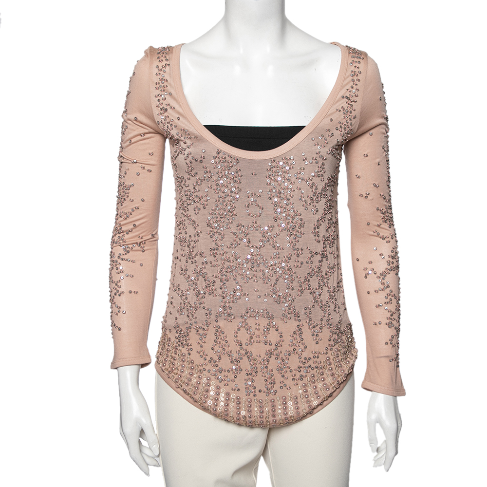 Roberto Cavalli Pink Sequin Embellished Modal Knit Scoop Neck T-Shirt S