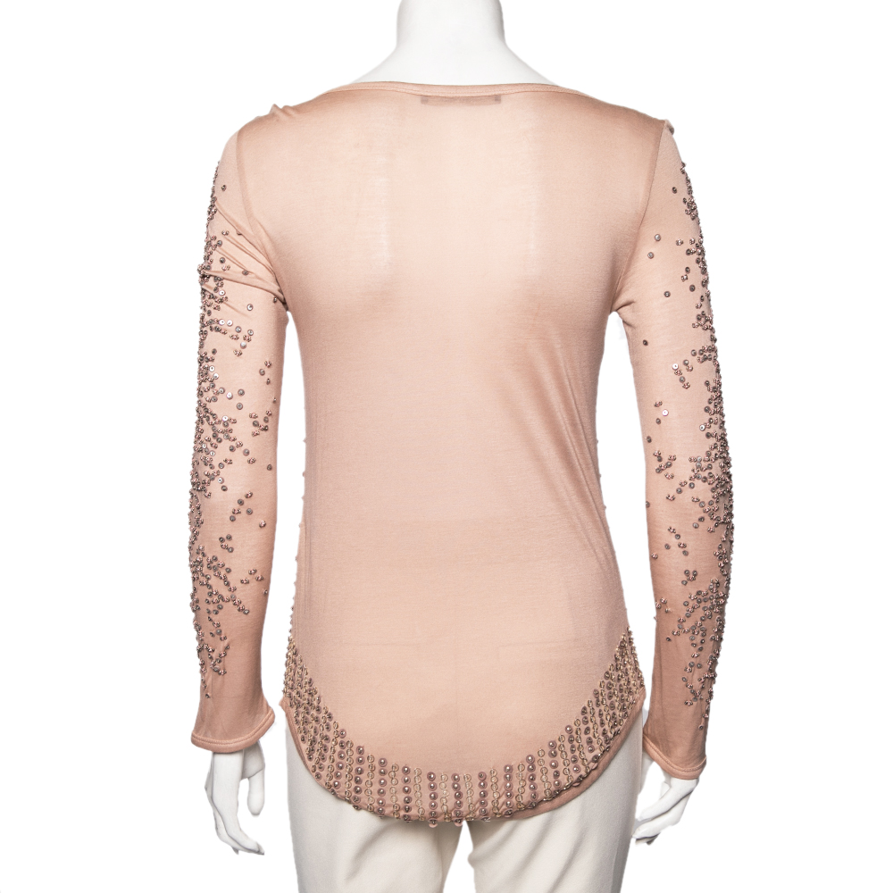 Roberto Cavalli Pink Sequin Embellished Modal Knit Scoop Neck T-Shirt S