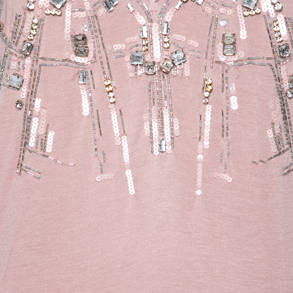 Roberto Cavalli Pink Jersey Embellished V-Neck Short Sleeve T-Shirt M