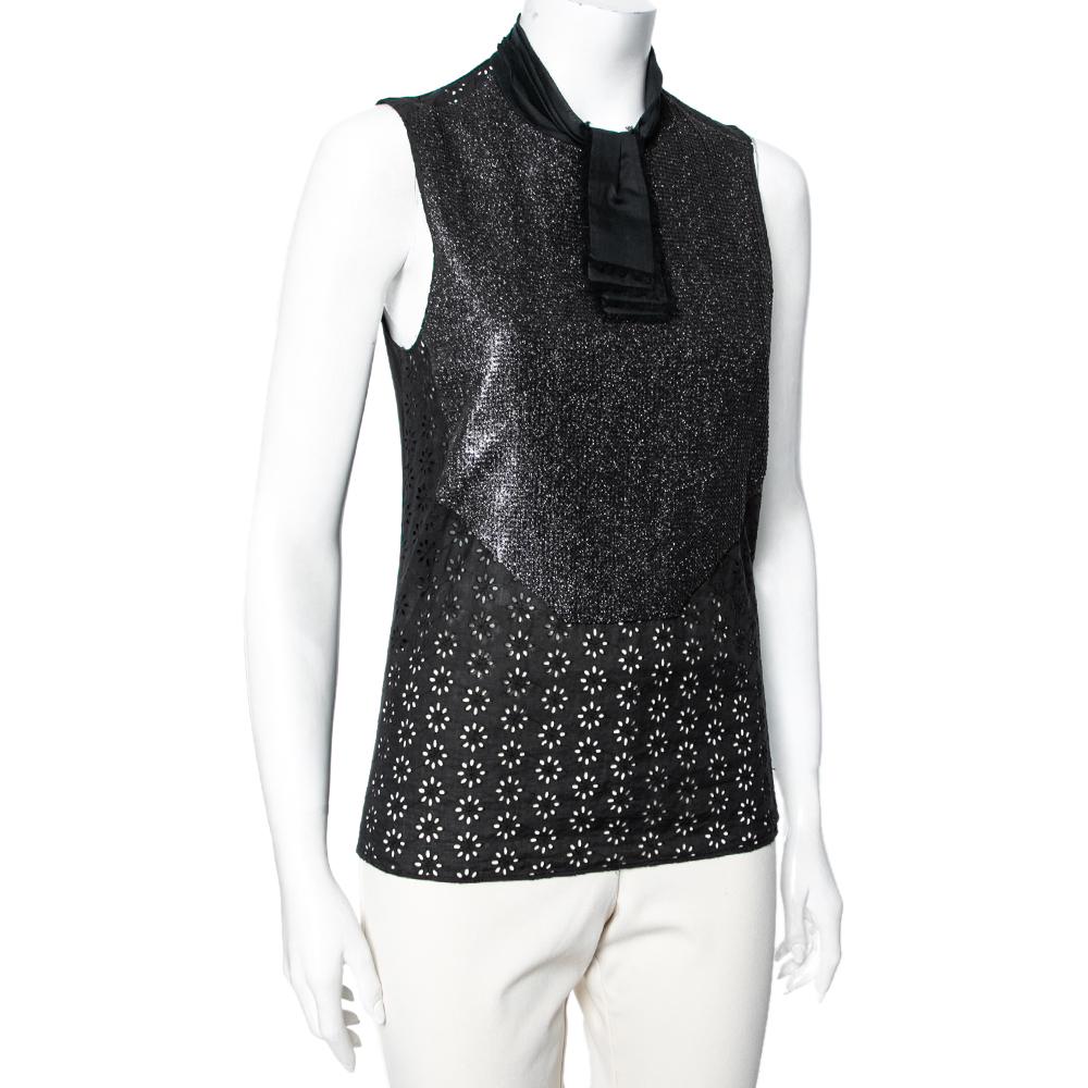 Roberto Cavalli Black Cotton Sequin Embellished Sleeveless Top M