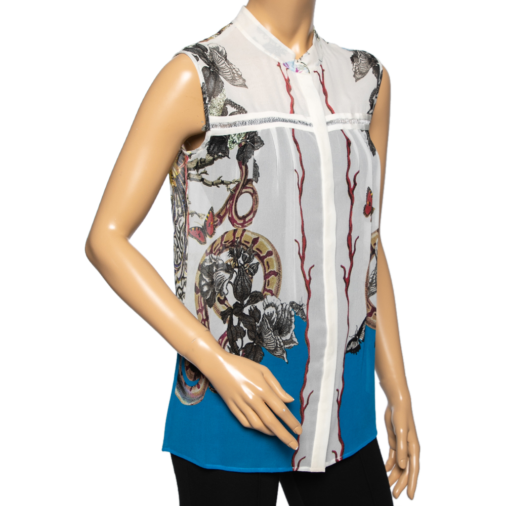 Roberto Cavalli White And Blue Printed Silk Sleeveless Button Front Top M