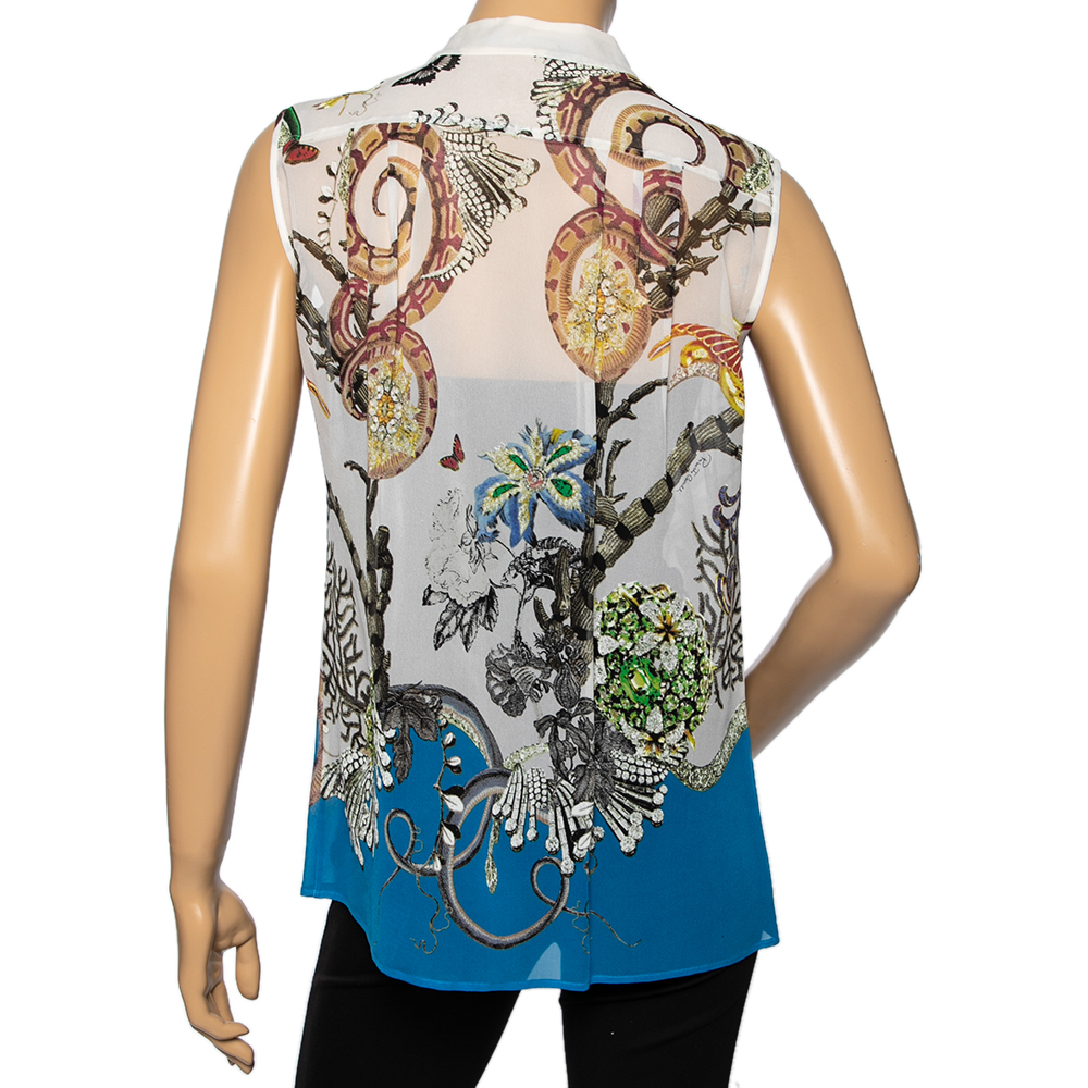 Roberto Cavalli White And Blue Printed Silk Sleeveless Button Front Top M